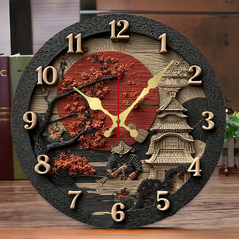 Luxury Watch Wall Clock - Samurai Themed Wooden Round Silent Hanging