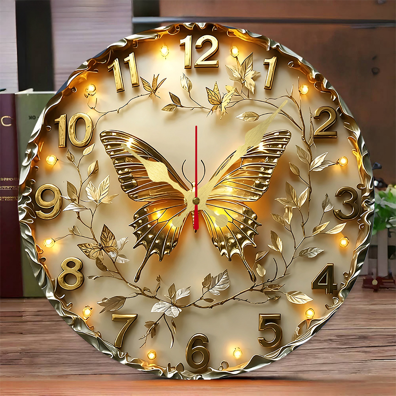 Luxury Watch Wall Clock - Golden Butterfly Wooden Round Silent Hanging
