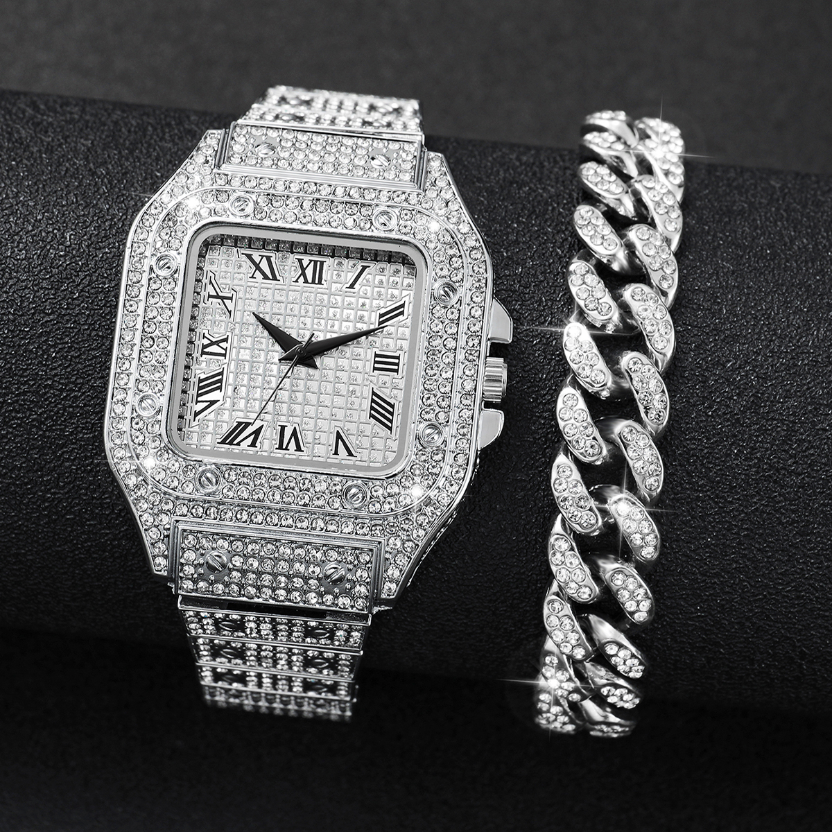2PCS Iced Out Square Watch & C - Luxury Watch Life incelemesi ve fiyatı