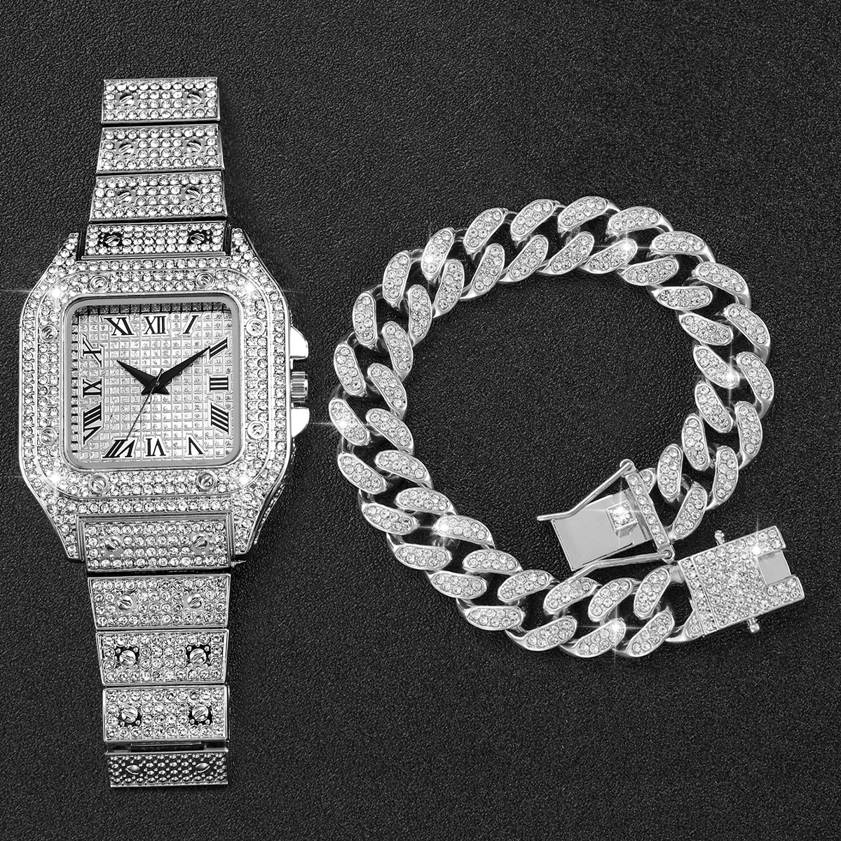 2PCS Iced Out Square Watch & C - Luxury Watch Life incelemesi ve fiyatı